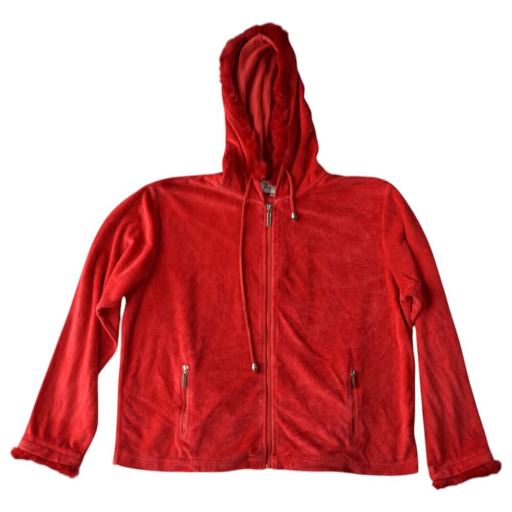 Vintage Kaktus Red Velour Zip Up Hoodie Faux Fur Trim Y2K McBling Aesthetic L
